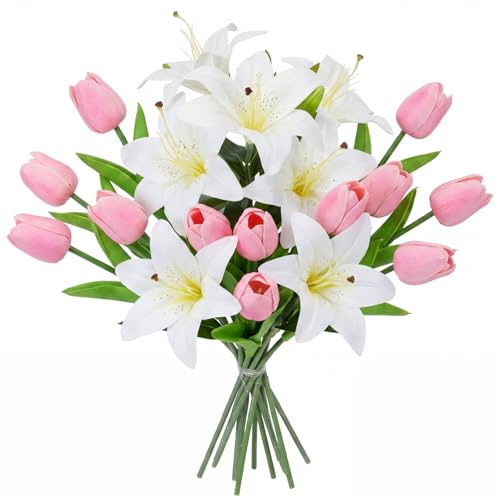 Giegxin 18 Pcs Artificial White Lilies with Pink Tulips, Latex Fake Tiger Lily Bouquet for Spring Home Church Wedding Decorations, Faux Tulips Floral Arrangement - color: White, Pink, style: Lily, Tulips