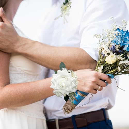 Corsage and Boutonniere Set for Bride Groom Bridesmaids Groomsmen Wedding Prom Homecoming Boutonniere and Corsage Wristlet (White) - color: White