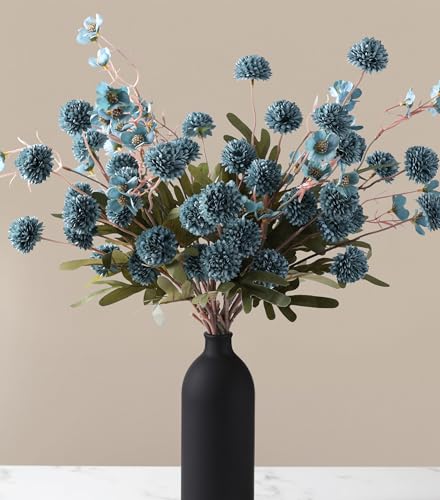 HyeFlora Fake Kiku Flowers, Faux Silk Pompon Mums Artificial Flowers, Chrysanthemum Stems Floral Arrangement Dried Flowers Vintage Decorative Indoor Home Decor Blue with Wax (Vase not Included) - color: 8pcs-blue Wax&kiku