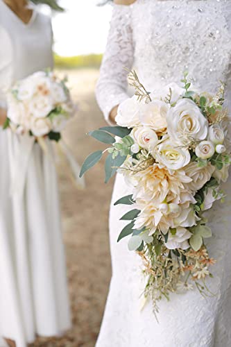 Ansofi Cascading Bouquets for Bride Beige Rose Artificial Bridal Bouquet for Boho Rustic Wedding Ceremony Anniversary - color: Bridal Bouquet