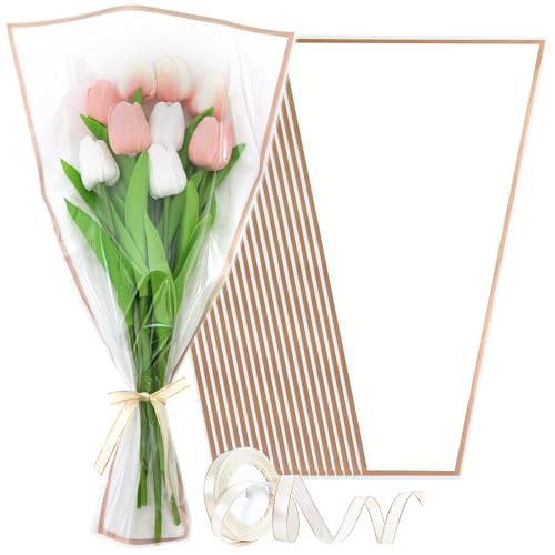 Wzifyf 50 PACK Flower Bags for Bouquets Flower Bouquet Holders White Floral Wrapping Paper flower Sleeves Build Your Own Bouquet Bar with 72 Ft Ribbons for Valentine's Day Packaging Supplies - color: White, size: bouquet wrap