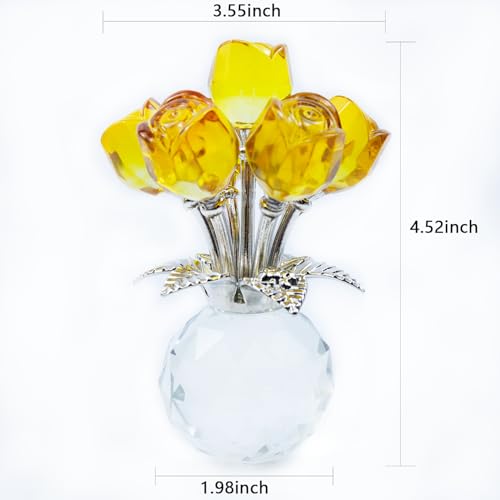 TWINKLING Crystal Roses Figurine with Round Vase, Glass Rose Crystal Flowers Bouquet, Birthday, Anniversary,Wedding, Home Décor,Silver Leaf (Yellow) - color: Yellow(silver Leaf)
