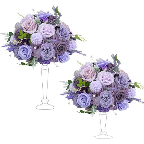 2pcs 15inch Centerpieces Table Decorations Lavender & Purple Artificial Flowers Roses Balls for Wedding Centerpiece Party Bouquet Faux Floral Arrangement (Without Stand) - color: 2pcs 15'' Purple