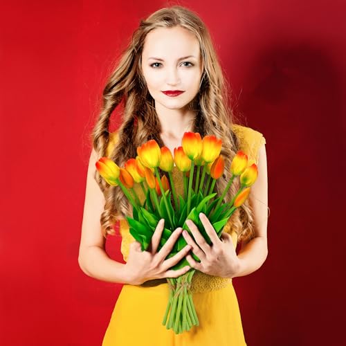 4 Budles (20Pcs) Orange Tulips Artificial Flowers 13" Latex Fake Flowers for Wedding Home Decor(Orange) - color: Orange