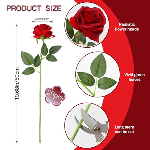 50PCS Artificial Silk Roses in Bulk & Bouquet Long Stem – Realistic Fake Roses for Wedding Centerpieces, Home Decor, Floral Arrangements, Party Decoration (Burgundy) - color: Burgundy, size: 50 Pcs