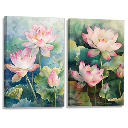 KPLUNDO Zen Canvas Wall Art 2 Panel Blooming Pink Lotus Poster Wall Decor Watercolor Lotus Pond Painting Modern Artwork Spa Room Home Decoration Ready To Hang(Artwork-2,16"x24"x2pcs) - color: Artwork-2, size: 16"x24"x2pcs