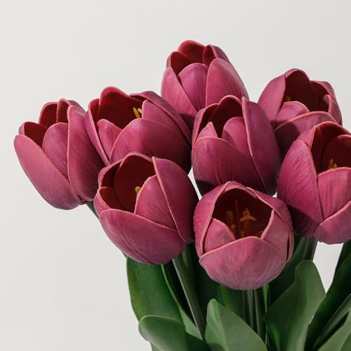 Deep Red Fake Tulips,18.5" PU Artificial Tulips Flowers for Spring Easter Home Kitchen Wedding Bouquet Bulk Mother's Gift Day Decorations - color: Deep Pink