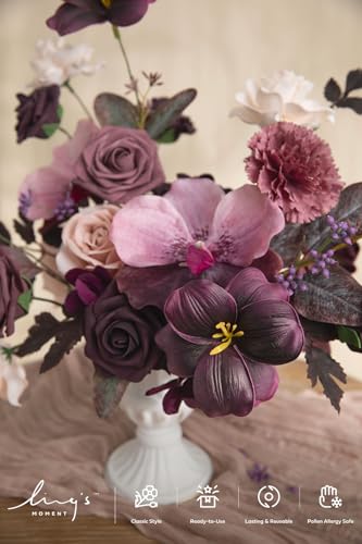 Ling's moment Fake Flowers Box, Faux Artificial Greenery Stems Foam Roses Tulip Silk Orchid Eucalyptus Fabic Flower for Centerpieces Bouquet Wedding Vase Decorations, Plum & Plum Lily, Deluxe Combo - color: Prpl-plum & Plum Lily, size: Deluxe