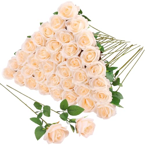 36 Pcs Champagne Artificial Roses with Long Stems, Fake Silk Rose Artificial Flowers Bulk for Bridal Wedding Bouquet Centerpiece Ball Arrangement Party Decor - color: Champagne