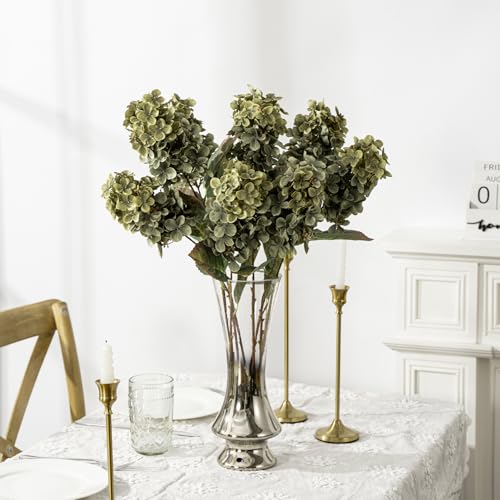 Ttranewsoo Green Hydrangea Artificial Flowers,Fake Fall Flowers Silk Hydrangea with Stems,Fall Faux DIY Floral for Table Vase,Hydrangeas Bouquet Indoor and Outdoor Decoration 24"（ Green） 8pcs No Vase - color: Green