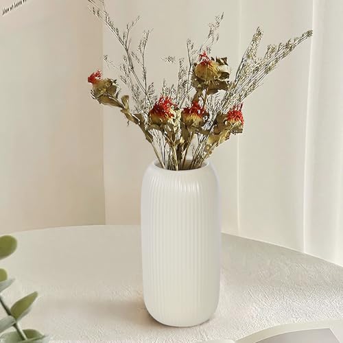 Ceramic Vase for Flowers – Modern Small Ribbed Textured Flower Vase for Home Decor, Pampas Grass, Decorative, Farmhouse, Coffee Table, Kitchen Centerpieces, Bookshelf and Home Living (Beige) - color: Beige