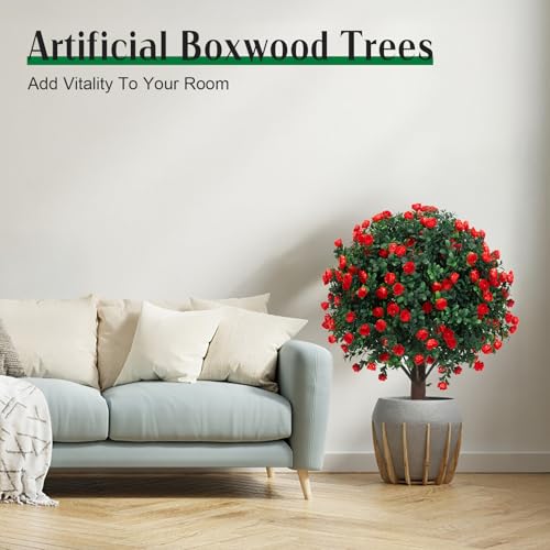 AOKIIE 24" Artificial Boxwood Topiary Bushes UV Resistant for Outdoor 2PCS | Artificial Shrubs with Ground Spike, Fake Outdoor Plants with Red Flowers for Indoor & Outdoor Garden, Yard, Porch, Patio - color: Redflower-boxwood
