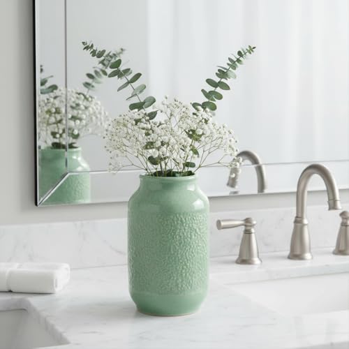 Ceramic Vase, 9 Inch Modern Green Flower Vases for Home Decor, Dining Table,Entryway, Living Room, Bathroom, Bookshelf, Bedroom, Kitchen, Mantle, Office, Foyar - color: Celadon Green