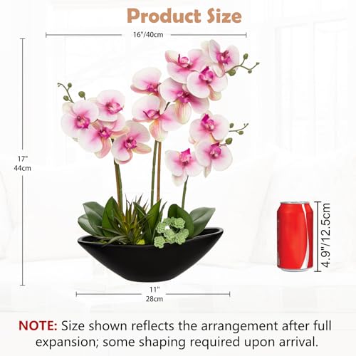 Briful Pink Orchid Fake Flowers 17in Artificial Orchid Silk Flowers in Black Pot Faux Orchid Arrangement for Home Office Bathroom Table Centerpiece Modern Decor - color: Pink Black