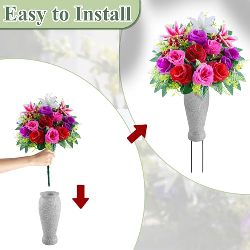 Consevisen Artificial Cemetery Flowers for Grave with Vase, Set of 2 Silk Rose Lily and Red Berry Realistic Memorial Bouquets with Resin Vases, Outdoor Grave Decorations for Headstones
