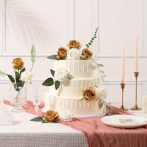 Tifuly Gold Roses Artificial Flowers -12Pcs Realistic Single Long Stem Fake Silk Roses Bouquet for Party Home Wedding Centerpiece Hotel Office Decor - color: Gold