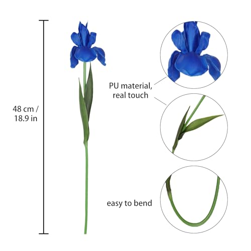 Royal Blue Iris Artificial Flowers 6 PCS Real Touch Flowers 18.9 in Long Stems Artificial Iris for Wedding Bridal Home Kitchen Party Decoration(Royal Blue) - color: Royal Blue