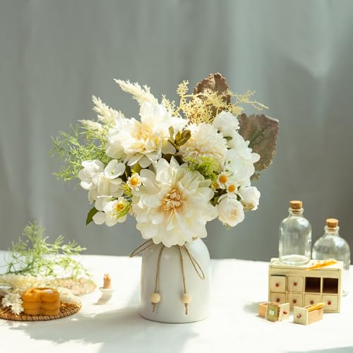 Fake Flowers with Vase Silk Dahlia Artificial Flowers in Vase Faux Hydrangea Flowers Arrangements with Vase for Home Office Decoration Dining Table Centerpiece (White) - color: White
