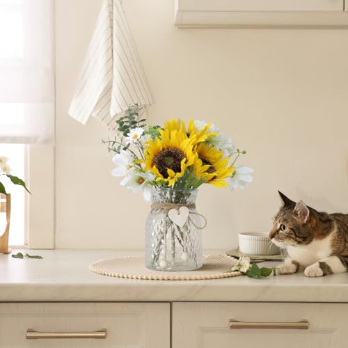 Artificial Sunflower Bouquets in Vase with a Flower Arrangement Holder - Centerpieces for Dining Room & Coffee Table Decor - color: White-yellow