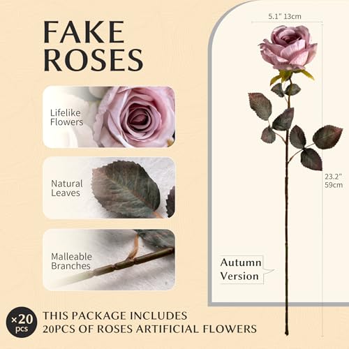 Artificial Flowers Artificial Roses Fake Roses 23.2In Long Stem Artificial Flowers for Tall Vase Silk Rose Suitable for Indoor Decor Wedding Party Decoration DIY Bouquet Autumn 20PCS (Pink) - color: Pink