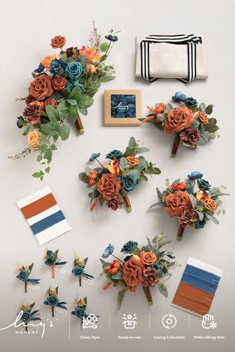 Ling's moment Wedding Artificial Flowers Package, Bridal Bouquet, Bridesmaid Bouquets, Boutonniere for Men, Rose Petals.Dark Teal Burnt Orange - color: Or-dark Teal & Burnt Orange