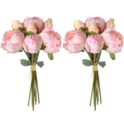 TOCHGREEN Artificial Peonies Silk Flowers 2 Bouquets 14 Heads Vintage Faux Peony with Stems for Home Wedding Table Decor Bridal Bouquet Floral Arrangement - color: Light Pink