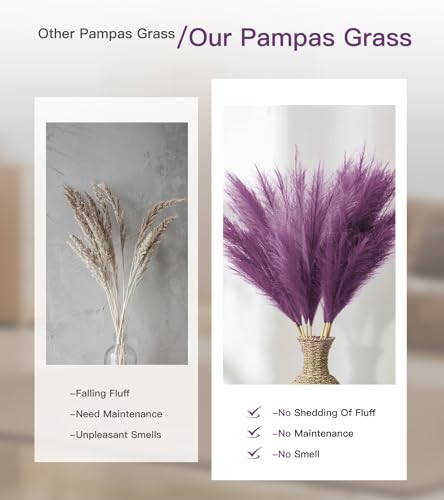 9 Pcs 45" Tall Pampas Grass Purple Decor, Long Stem Artificial Flower Floor Vase Large Faux Floral Pompas Fake Plants Dried Bouquet Arrangement Vase Filler for Boho Home Wedding Decoration - color: 9 Pcs 45" Purple Style