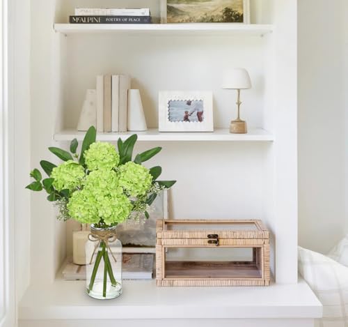 Hollyone Green Hydrangea Artificial Flowers in Clear Glass Vase with Faux Water Silk Hydrangeas Fake Flowers Floral Arrangement for Home Bathroom Kitchen Office Table Centerpiece Shelf Decorations - color: Green