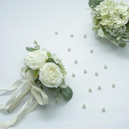 Artificial Bridesmaid Bouquets Set of 8 - Ivory White 9 Inch Various Flower Bouquet for Wedding Party Ceremony Anniversary Dinning Table Centerpieces Decor Faux (Rose & Hydrangea & Ribbon) - color: Rose & Hydrangea