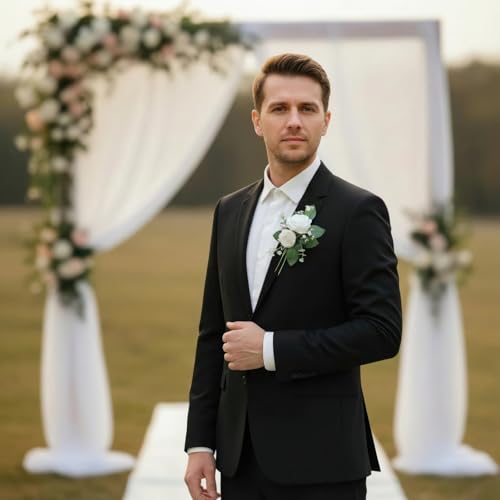 Elegant Corsage and Boutonniere Set, Artificial Rose Wrist Corsage with Pearl Bracelet & Men's Lapel Pin, Matching Faux Flowers for Prom, Homecoming, Wedding, Bride and Groom - color: Pink