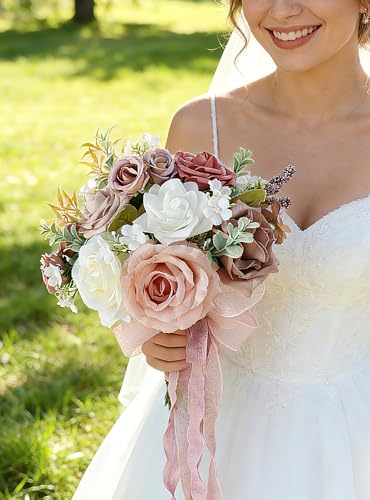 8.6in Artificial Wedding Bridal Bouquet - Blush Pink Rose Floral Arrangement for Bride, Bridesmaid, Wedding Toss, Ceremony & Home Decor (Blush Pink) - color: Blush Pink