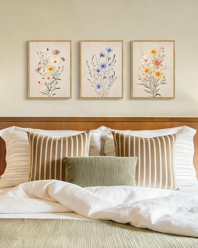PHOPAGO Vintage Wildflower Bouquet Framed Wall Art Botanical Flower Wall Decor Modern Colorful Floral Living Room Bedroom Hanging Decor - 11x14in Natural Framed - color: Multicolour Floral, size: 14L" x 11W" x 3 Pcs Natural