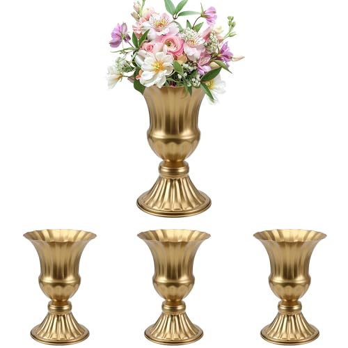 MCMCNCUIU Gold Vases for Centerpieces Set of 4, Urn Vases for Flowers, Vintage Pedestal Vase for Wedding Centerpieces, Metal Trumpet Vase for Wedding Table, Party, Home, Anniversary Decoration - color: Gold, size: Tall Urn-4Pcs