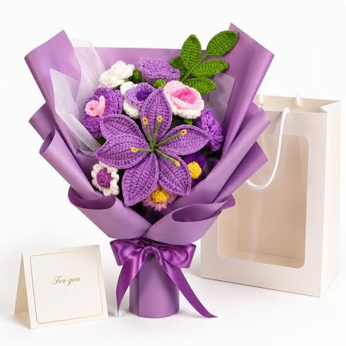 Crochet flowers Elegant purple handmade Lily flower crochet bouquet for Wife Mother Crochet Roses Flower for Mother's Day,Lover Anniversary,Birthday Gift ,Wedding Graduation Gifts home Decor(purple) - color: Purple