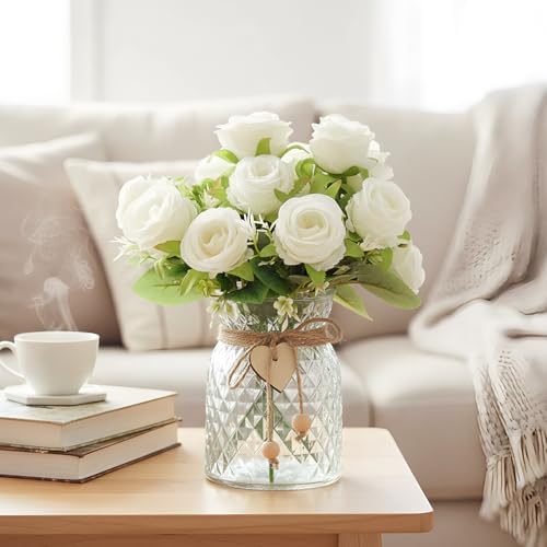 Faux Flowers in Vase, 18 Pcs Fake Rose Flowers, Artificial Flowers for Home Decor, Indoor Centerpiece for Living Room & Dining Table - White - color: White Rose