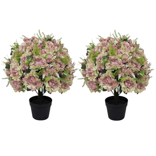 24” Artificial Flowers for Outdoors, Set of 2 Realistic Faux Purple Peonies in Cement Pots, UV Resistant Fake Plants Look Real for Front Porch, Entryway & Indoor Spring Decor - color: Peony Antique Lavender