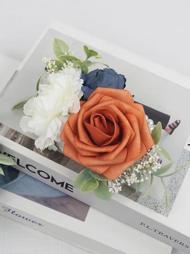 Rinlong 2Pcs Navy Terracotta Wrist Corsage for Wedding, Prom, Homecoming | Bridesmaid, Mother of the Bride Corsage - color: 12-navy & Terracotta