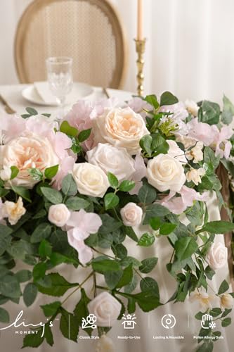 Ling's Moment 9FT Spring Flower Garland for Backdrop Decorations - Wedding Arch Flowers, Eucalyptus & Rose, Artificial Floral Garland for Mantel - Sweetheart Table Decor for Reception, Cream - color: Pk-cream
