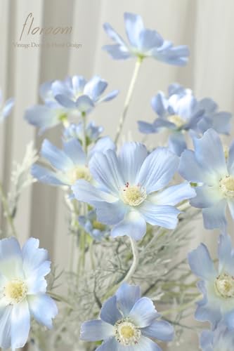 Floroom 5 Pcs Artificial Flowers Power Blue Fake Cosmos Faux Silk Flower for Indoor Home Decor, Party Arrangements, Wedding Bouquets, Floral Table Centerpieces, and Decorations - color: Powder Blue
