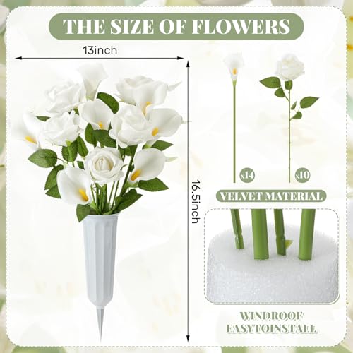 Thiccywoov 2 Sets Calla Lilies Cemetery Flowers with Vase for Grave Artificial White Calla Lilies Velvet Roses Graveyard Memorial Flowers for Cemetery Headstones Decoration - color: White, size: Calla Lily