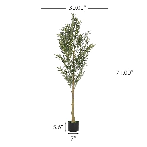 Christopher Knight Home Annas Faux Olive Tree 6ft, Artificial Olive Tree Indoor with Nursery Pot, Tropical Style Faux Tree with Black Plastic Pot, Artificial Plant for Home Office Decor, 1pcs, Green - color: Green/71''h