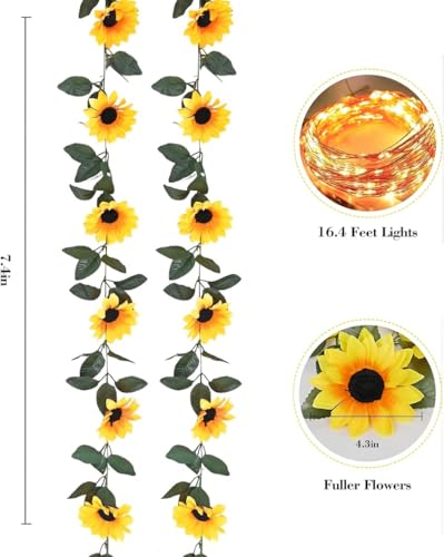 Artificial Sunflower Garland Decor with Lights, Sunflower Vines Hanging Flowers Garland with Green Leaves, Fake Yellow Flower Vines Room Wedding Party Decoration(2 Pack) - color: Yellow With Lights, size: 2 Pc