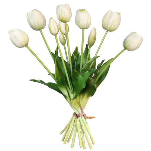 10 Pcs Fake Tulips Tulips Artificial Flowers Real Touch Fake Flowers Artificial Flower Bouquet for Home Table Party Wedding Decoration (White) - color: White
