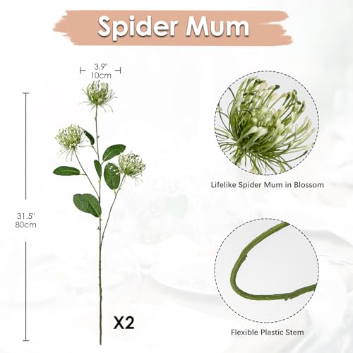 Hollyone 33" Green Artificial Mums Flowers Chrysanthemum Flowers 2Pcs Spider Mum Flower Arrangement Faux Pincushion Flower Faux Flowers with 3 Heads Long Stem for Centerpiece Bouquet Home Decor - color: Green