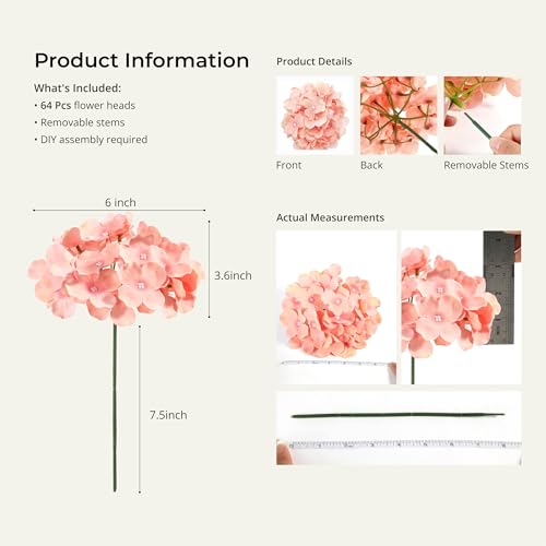 Auihiay 64 PCS Full Hydrangea Flowers, Silk Hydrangea Artificial Flowers Heads with Stems, Artificial Flowers for Wedding, Garden, Baby Shower, Party, Outdoor Indoor Decoration (Light Peach) - color: Light Peach