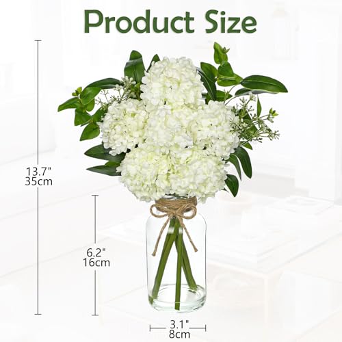Hollyone White Hydrangea Artificial Flowers in Clear Glass Vase with Faux Water Silk Hydrangeas Fake Flowers Floral Arrangement for Home Bathroom Kitchen Office Table Centerpiece Shelf Decorations - color: White
