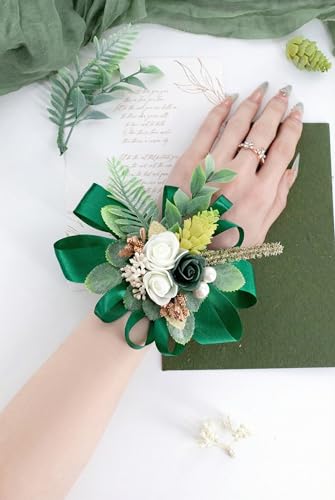 Dark Green Ivory Corsage and Boutonniere Set Wrist Corsage Wristlet for Prom Groom Flower Boutonniere for Men Wedding Party Homecoming Accessories Suit - color: Dark Green