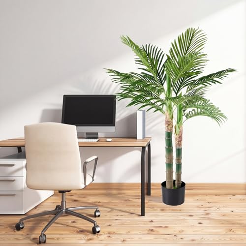 NEWBULIG 47in Artificial Palm Tree, Double Stalk Golden Cane Palm with Lush Realistic Leaves, Large Faux Plant for Living Room, Maintenance Free Home Decor
