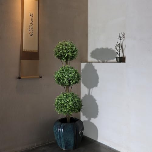 Damomo Artificial Topiary Triple Ball Boxwood Tree, 4.6ft Fake Topiaries Trees 56inch Faux Shrubs Plants Potted Outdoor Indoor Proch Office Garden Green (2 Pieces) - size: 56 inch - 2 count