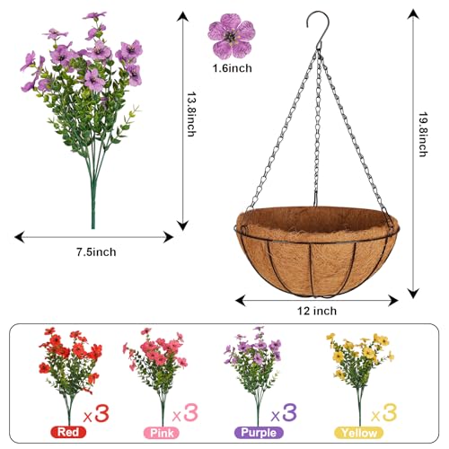2 Set Artificial Outdoors Flowers with Hanging Basket, 2 Hanging Fake Flowers w/24 Pcs Flowers, Faux Silk Plants for Spring Summer Garden Patio Porch Home Decor (2, Rose Red, Purple, Yellow, Red) - color: 4 Multicolor, size: 2 Sets